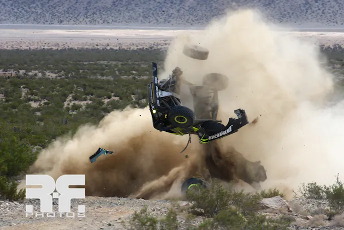 Justin Lofton is not afraid to test the limits in his Jimco Trick Truck. He and co-rider John Armas walked away from this scary crash at the SNORE/MORE, KC Hilites Midnight Special race.