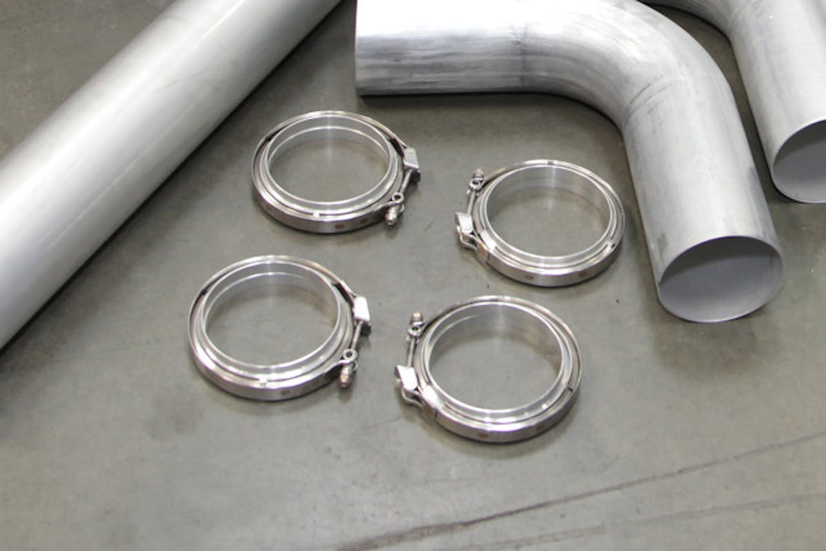 The aluminum V-band flanges are Burns' own design and utilize an o-ring seal.