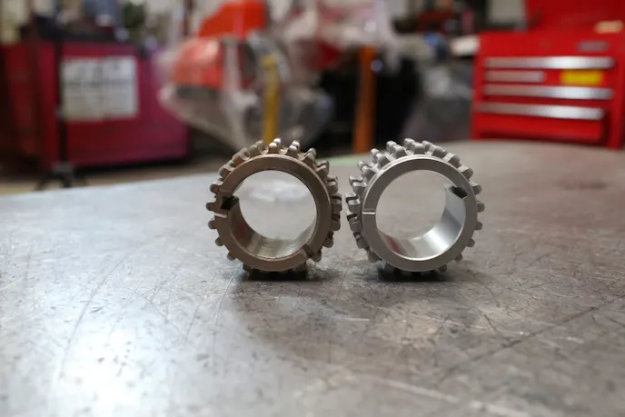 Note the depth of the keyway cut in the center of the gear; with the factory powdered metal construction, this thin spot becomes an issue when power levels are pushed on the Coyote engine.