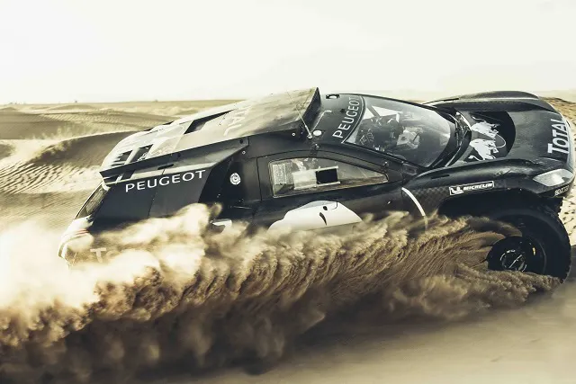 Carlos Sainz performs during the Peugeot test in Erfoud, Morocco, on September 15th, 2015