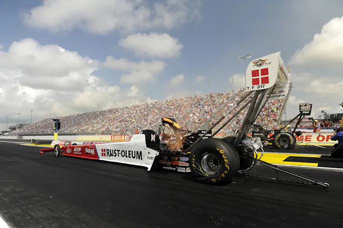 T.J. Zizzo oiled the track three times at the NHRA U.S. Nationals, racking up considerable fines in the process that take away considerable funds from his limited-budget race team. Photo courtesy NHRA/National Dragster
