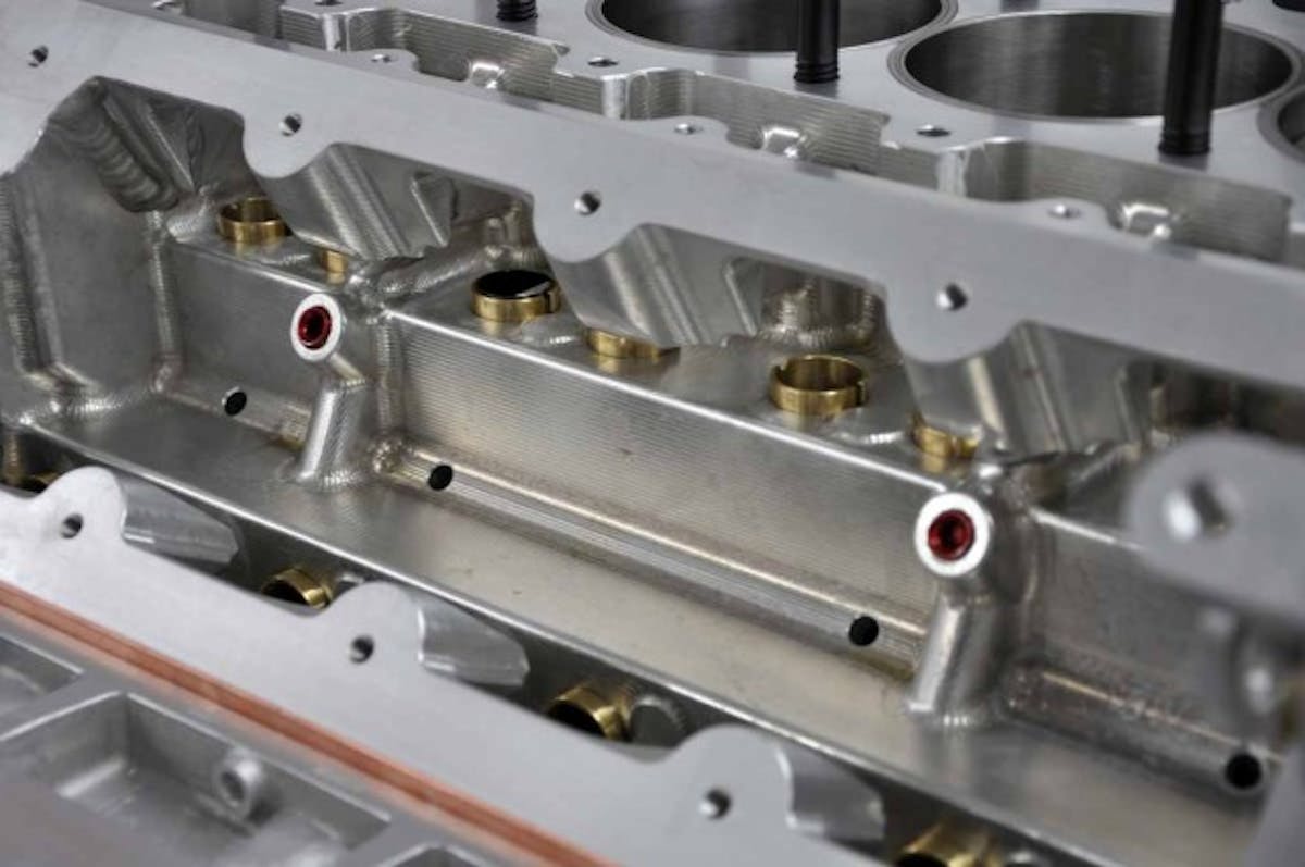 The relative strength of the LS Next2 billet block can be seen internally, with beefy aluminum everywhere the eye can see. IN this photo, another view of the lifters bushings is also available.