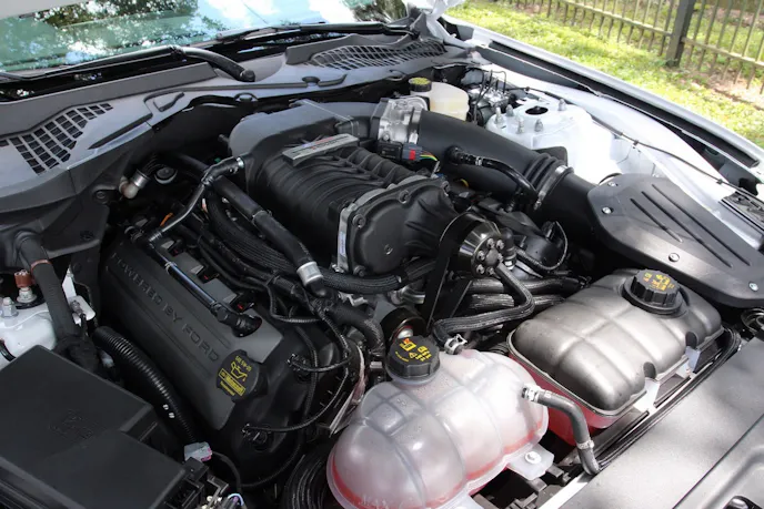 The BF Rocket has a Roush TVS Phase 1 supercharger atop the Coyote, producing 627 horsepower. Scofield races Super Late Models on the weekend, so he's no stranger to horsepower.