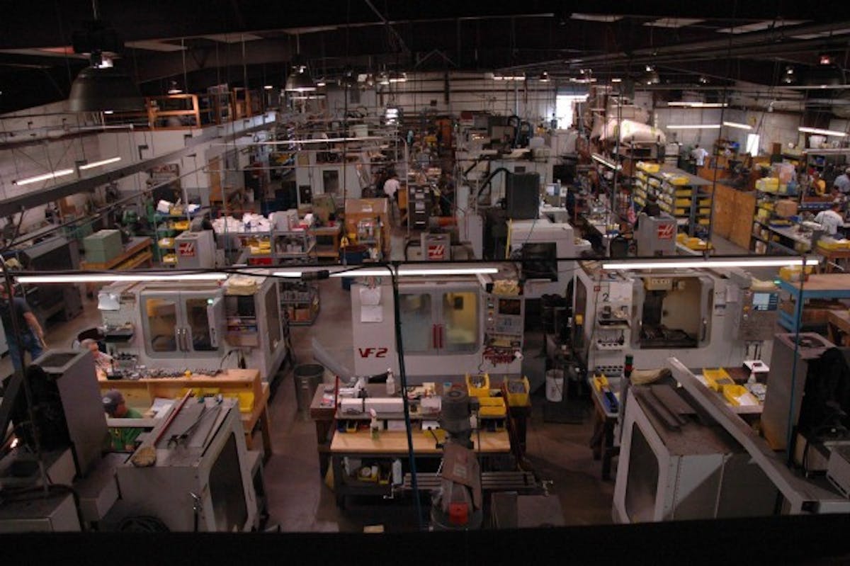 An overhead view of the shop and its many operating stations. T&D custom manufactures almost everything in house.