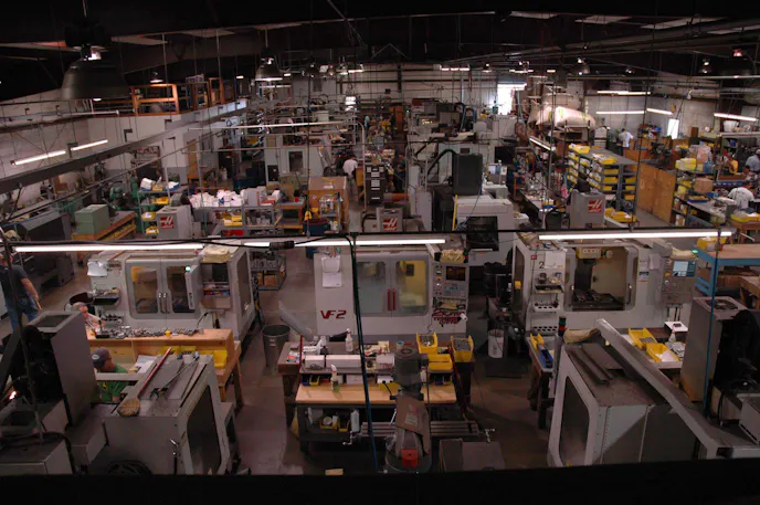 An overhead view of the shop and its many operating stations. T&D custom manufactures almost everything in house.