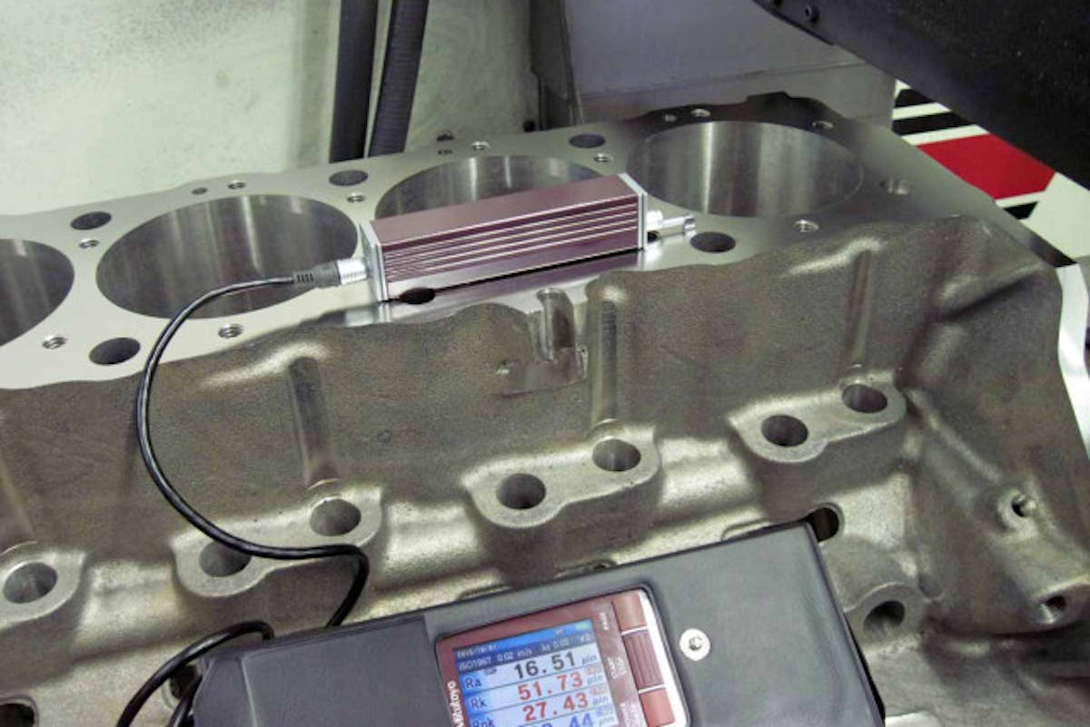 The profilometer is used to measure the machined finishes on all surfaces; this is key to ensure gasket retention and proper ring seal, among other things.