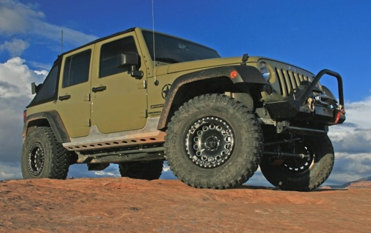 Our 2013 Jeep Wrangler JKU Project Sgt. Rocket rolls proud on Weld Racing REKON B57B wheels and Mickey Thompson LT315/70R17 tires.