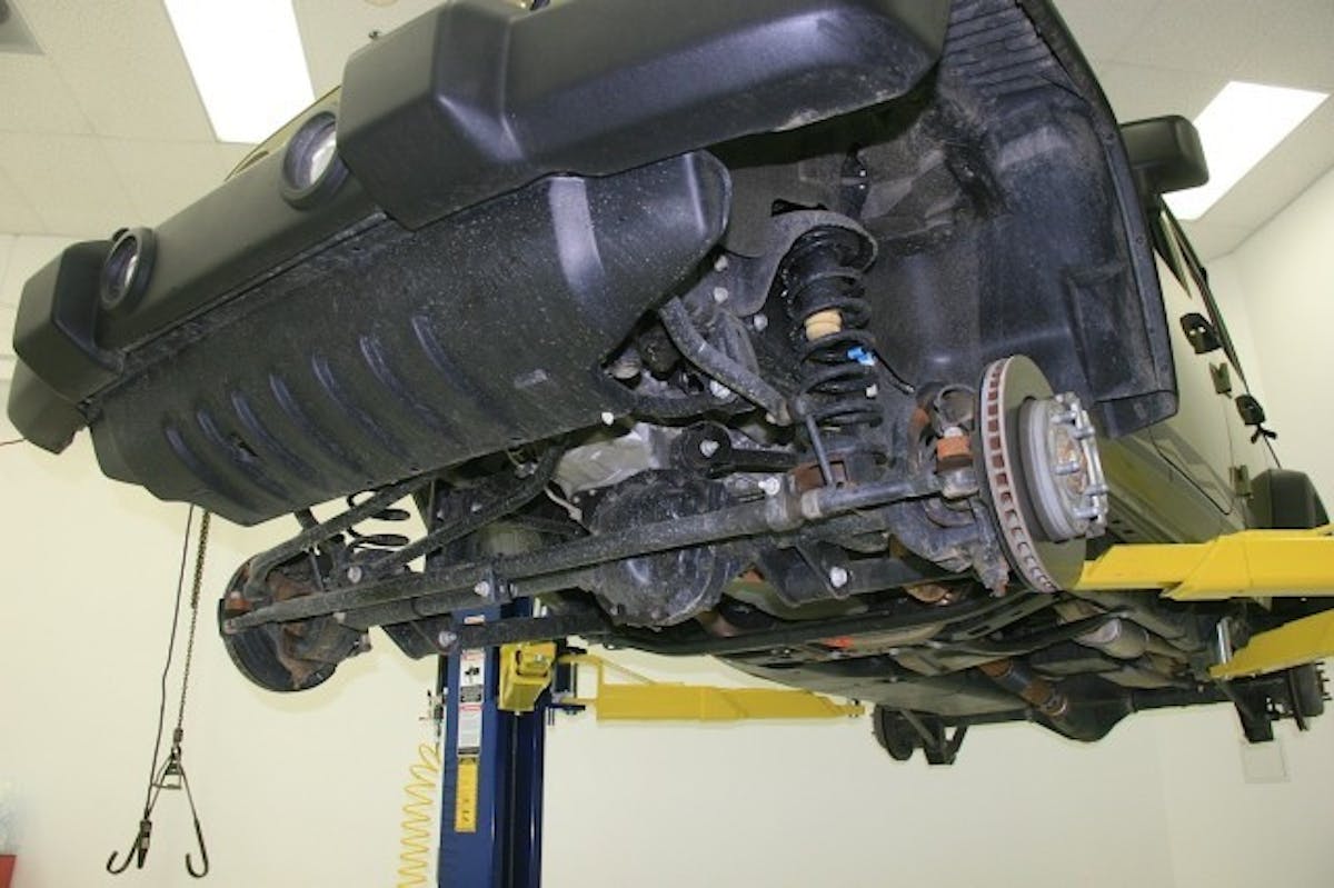 We securely placed the Wrangler on a lift before taking off the wheels, tires and other stock suspension parts that needed to be removed prior to beginning the installation of the Currie RockJock suspension system, Antirock Sway Bars, and Currectlynk steering system.