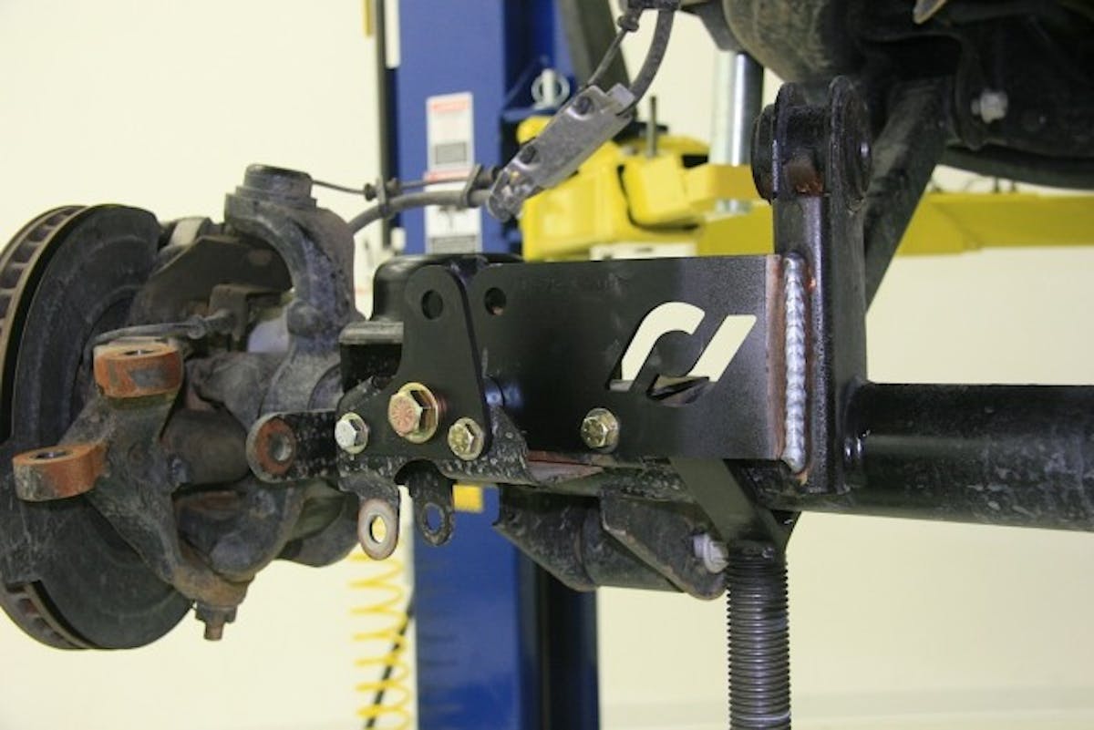 The Currie replacement front track bar mount bracket is bolted and welded into place.