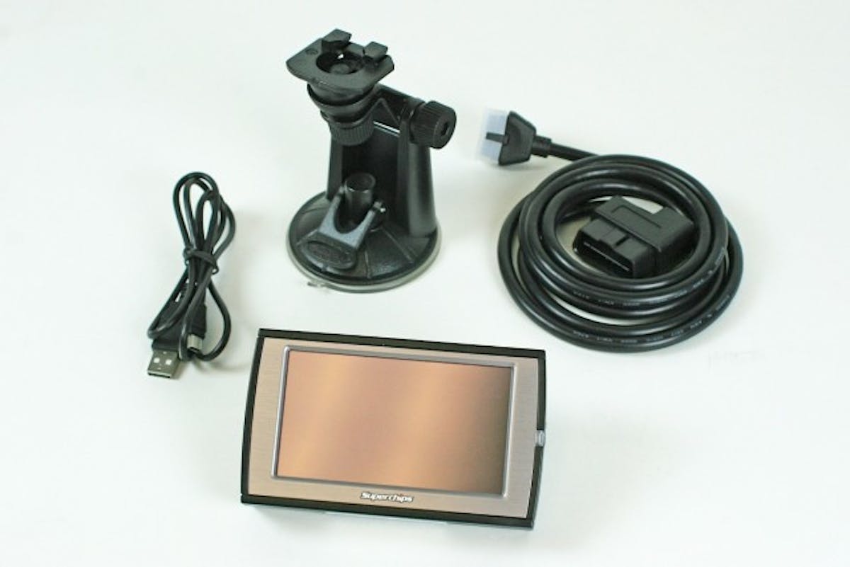 The Superchips TrailDash came with its OBDII connector cable, USB cable for software updates, and a windshield mount (that we chose not to use in favor of the Dash Pod).