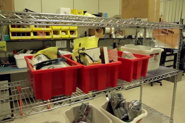 Components are manufactured and housed in Racepak's vast warehouse in bins like these, and in bins much like a dealership, or mail-order parts department before being assembled and shipped to your door. 