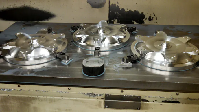 Billet drive covers that are fresh off the mill. Since NCRC has all of their machining operations in-house, making custom one-off torque converters for customers is a common occurrence.