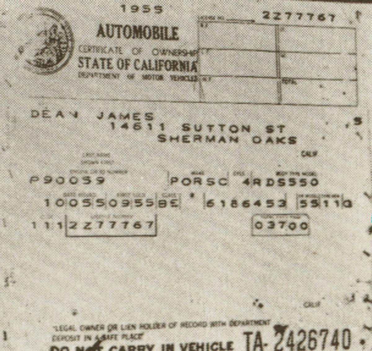 The registration car of James Dean's Porsche 550 Spyder.