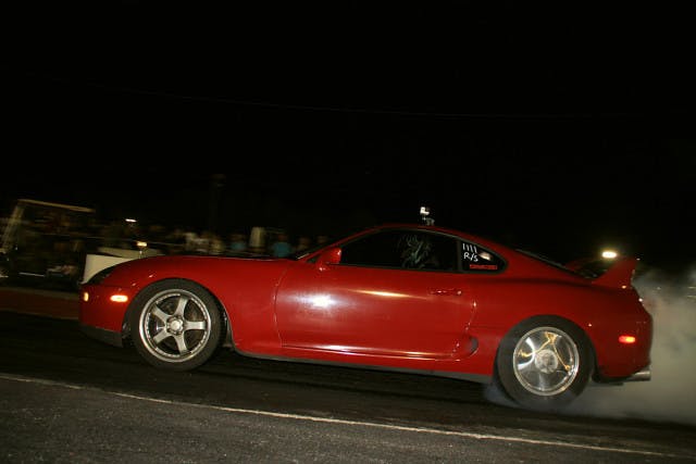  Treap took a good holeshot with a .107 reaction to Mendez' .180, down track Traaps Supra rolled out to another mid nine second run scoring the class win with with a 9.55 at 138 to Mendez' little Honda's game effort 9.75 at 151 MPH. Not bad for a build based on a 165,000+ mile long block.