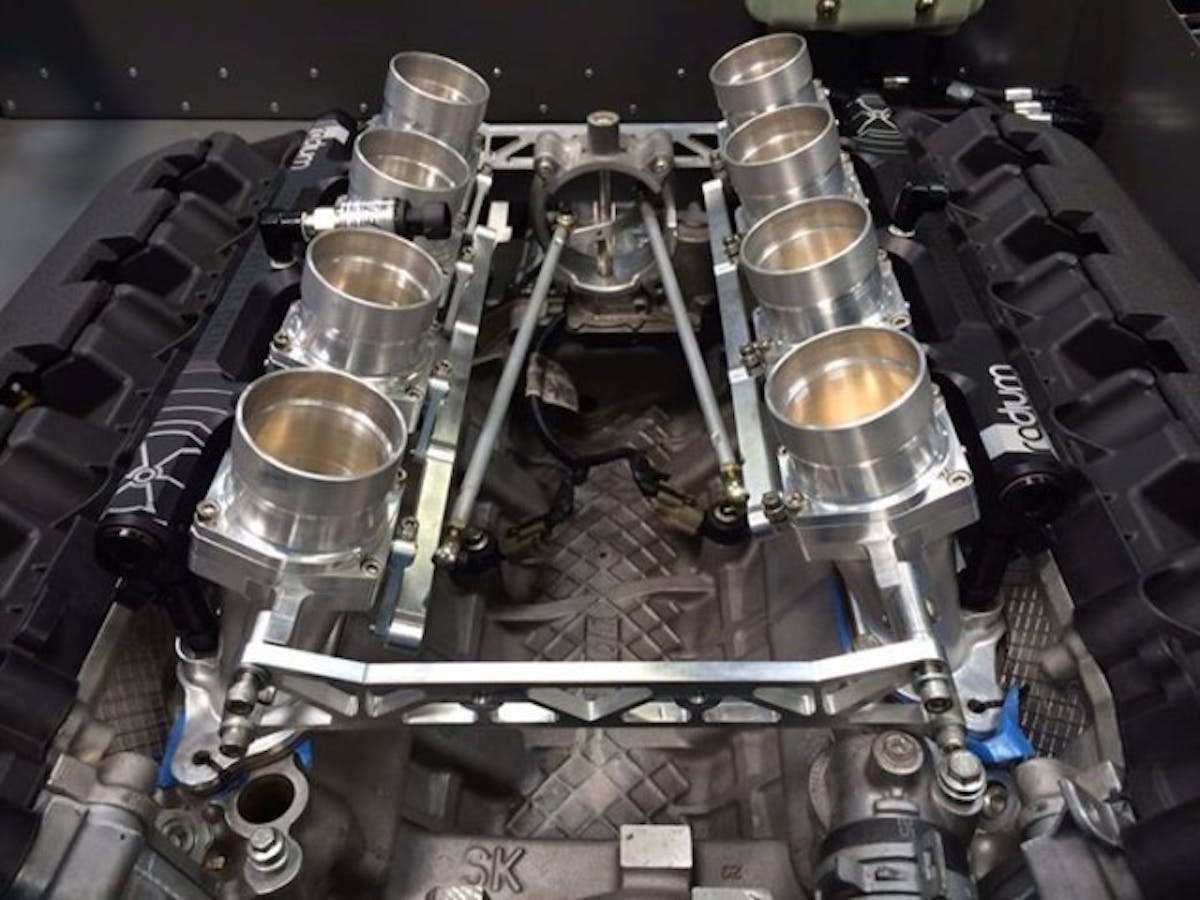 The Coyote Cobra Jet's new individual throttle body induction system. These will be put to the test with the new camshafts from Comp, with over 650 wheel horsepower expected.
