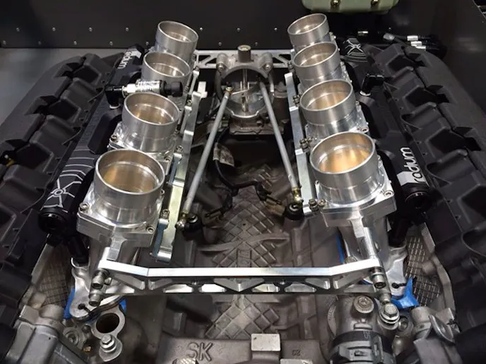 The Coyote Cobra Jet's new individual throttle body induction system. These will be put to the test with the new camshafts from Comp, with over 650 wheel horsepower expected.