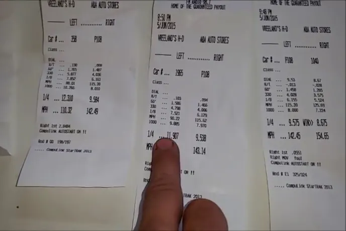 Time slips showing 9-second passes with a 6.0 LS cam.