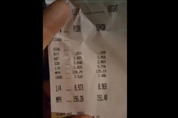 Porsche vs Malibu time slip showing 8-second passes for both.