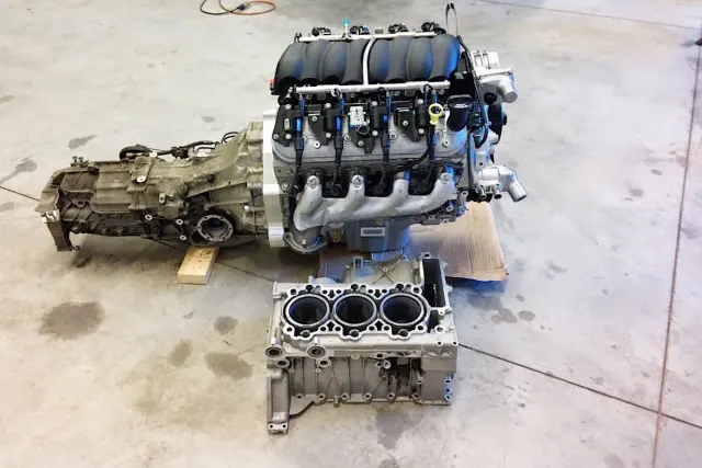 The sheer size difference between the original Cayman engine and the new LS3 power-plant is absolutely monumental.