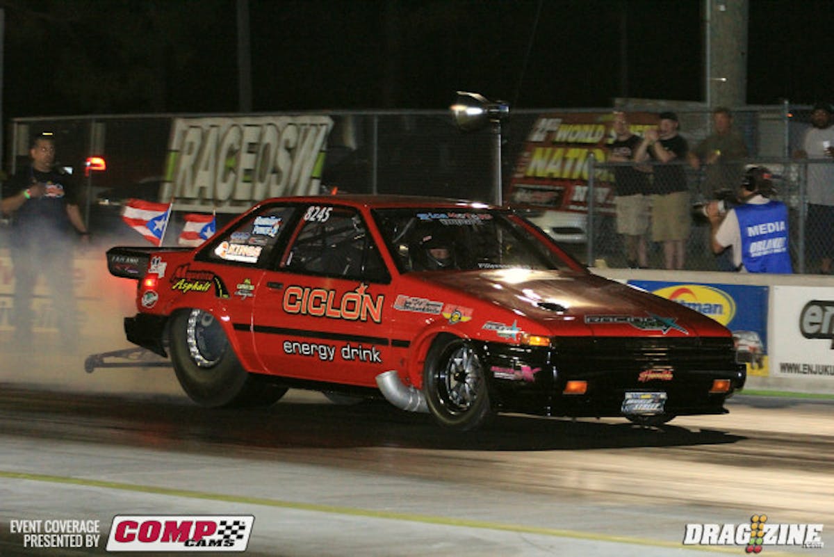 Puerto Rico based Jorge Lazcano has his hand full with this short wheelbase Corolla. He sits on top of World Street with a 6.33 at 225 MPH.