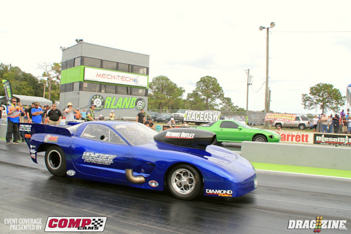 In Radial vs the World Jamie Hancock will be going home early taking a loss to Rick Prospero's  (far lane) twin turbo big block RX7 street car and Drag Week winner. 