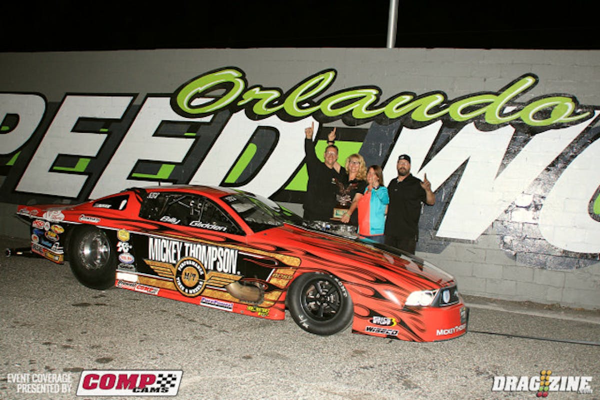 Billy Glidden earned his first win here in Orlando since 2002 where he won Outlaw 10.5 in his black Mustang. Today it would be Pro Modified in a match agaisnt fellow NMRA competitor Kevin Fiscus. Kevin had lane choice going into the final but went red handing Glidden the event win with his best of weekend 5.89 at 239 MPH.