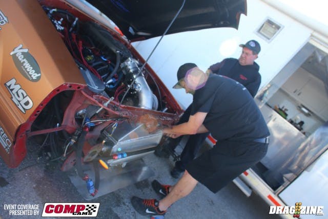 "We threw an air-to-water intercooler together, changed the turbo, and changed the tires," says Dwayne James, of daughter Haley's NMRA Coyote Modified championship car. Haley's running in the Outlaw 8.5 class this weekend; on their first hit, Dwayne had a tuneup in the car designed to get it down the track, so they could gather some data on the new combination.