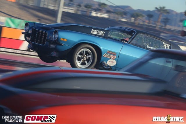 Brant Campbell of Turbobullet.com (far lane) has had a tough couple of weeks; a windstorm came through his hometown a few weeks ago and flipped his trailer over. Luckily the car wasn't inside, but a few of the body panels were, so he's rolling with a few boo-boos. Campbell runs in the 315 class on the smaller 275-wide tire, as he says it's more consistent for his particular 118mm-turbocharged combination.