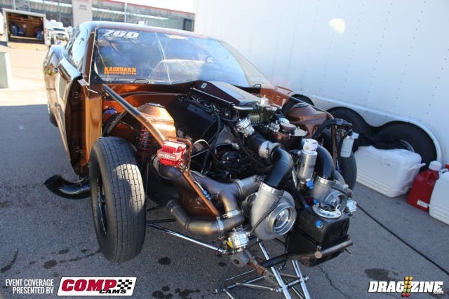 The purchase of this car could have been the steal of the year for Ryan Martin. Also competing in 210.5 vs. Radial, Martin stopped the clocks with a 4.155 at 188.73 mph. If you don't recognize the car, this is the former Joe Copson-owned, Bill Gilsbach-built Camaro that was a terror in the East Coast Outlaw 10.5 wars. The car's only been raced on radials a few times, and is already leading the pack so far this weekend.