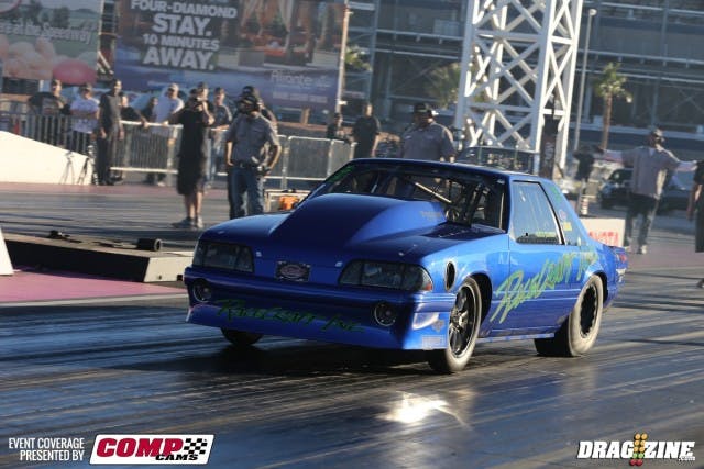 It's a long haul from Ocala, Florida, but so far it's worth Josh Klugger's time -- he ran a stout 6.571 at only 190 mph on this pass to takethe second spot in Outlaw 10.5 vs. Radial (1/4 mile). The low MPH leads us to believe Klugger pulled the chutes early; we wouldn't be surprised to see this car dip into the 6.30s as the weekend progresses.