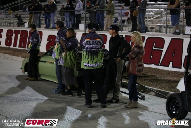 Andrew Berry turned in a stout 5.86 in the top half of the Pro Mod Shootout this evening. He and his crew anxiously await the rest of the team's passes to see if he'd become the king of the hill this evening.