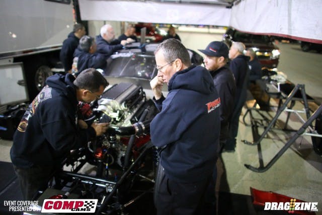 Steve Petty and the Moits team, including driver Paul Mouhayet, were trying to diagnose an issue with the car not performing when Mouhayet dropped the hammer during the Pro Mod Shootout. We didn't want to intrude, but since they appeared to be testing the injectors, we have to assume there's some sort of electrical gremlin that's reared its head. 