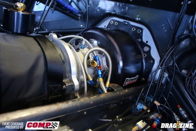 The Hairston Motorsports team is using a Quick Drive transbrake system in their GT), one of only three turbo teams doing so with the M&M torque-converter-driven Lenco transmission. Since it's new to the team, they have been pulling it apart every day for inspection. Hairston says the floaters and discs need to be checked to ensure proper operation.