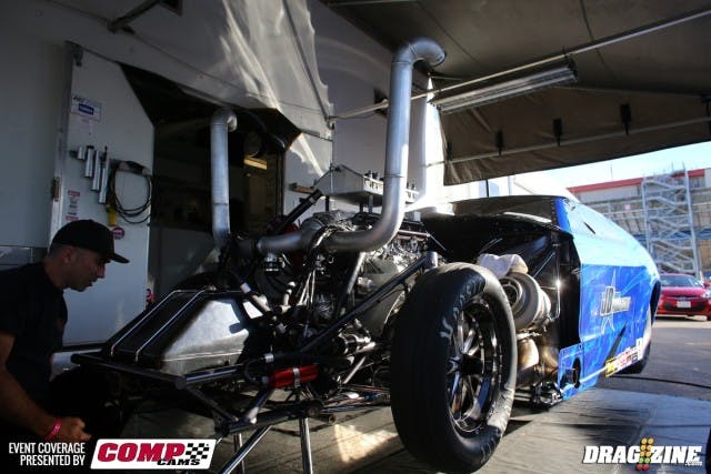 Kevin Fiscus and the boys were hard at work this morning checking on the front suspension of his JB's Power Centre-backed Pro Mod Mustang. Nobody wants to worry about alignment issues at 250-plus mph!