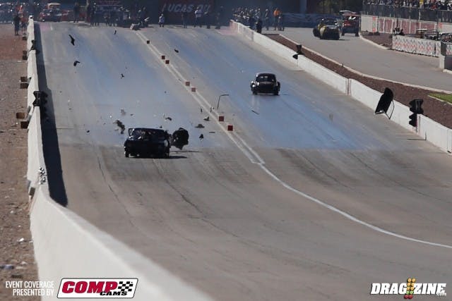 The driving job of the day goes to Canadian Mike Walterson, who had a tire failure through the lights in the Outlaw 10.5 quarter-mile class. The  resulting explosion blew the driver's door off the car and a big hole in the back window. Walterson simply pulled the chutes and steered the car to the return road. 