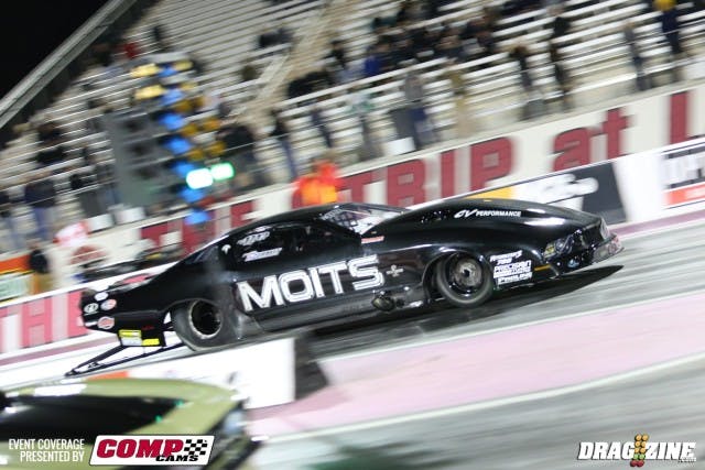 Yesterday Paul Mouhayet and the Moits boys struggled; tonight they did not. Howsabout a strong 5.686 at 265.27 mph, to take the second spot in Outlaw Pro Mod? Mouhayet is bested by only one person -- event sponsor Troy Coughlin in the Jegs C7, who crossed the stripe with a 5.683 at 271.24 mph.