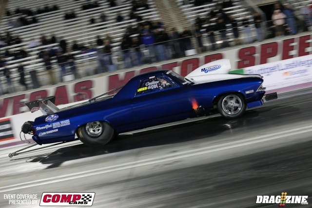 The Outlaw 10.5 vs. Radial quarter-mile class has 16 cars on the ladder so far, but Langley, British Columbia's Roy Moznik is in the top spot by over a tenth with a 6.462 at 212.09 mph. The nitrous-injected Fulton 833ci engine in his machine is hookin' and bookin'. Moznik is rolling on the 10.5-wide tire.
