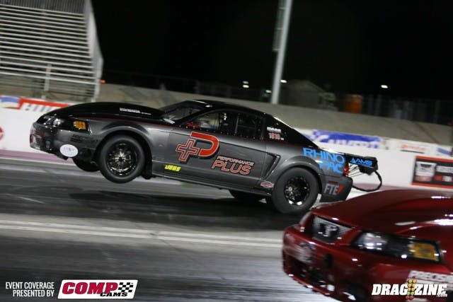 Kyle Bros Racing, with driver Jeff Kyle as pilot, were hard at work in the pits this morning making a few suspension changes. Kyle, who has Chris Tuten on hand to provide tuning services, has a Proline 450ci engine under the hood pumped up by a pair of Precision Turbo 88mm Gen 2 Pro Mod turbos.