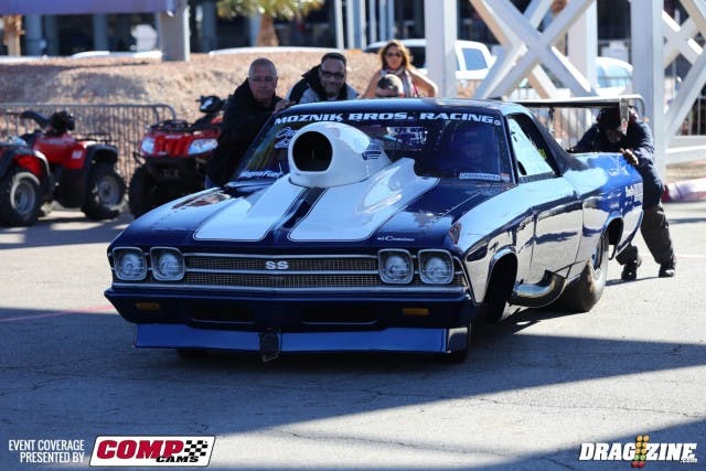 Tough break -- literally -- for John Moznik in the Outlaw 10.5 class, as the car wouldn't fire before the waterbox, and his crew had to push him off.