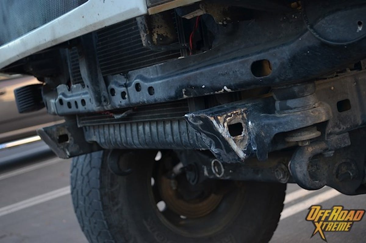 Grinding continued until we had a flat surface to take accurate measurements from. The new bumper will be something much stronger than before with all the main tubes being 1.75-inch .120 wall DOM. The old bumper was made from only mild steel.