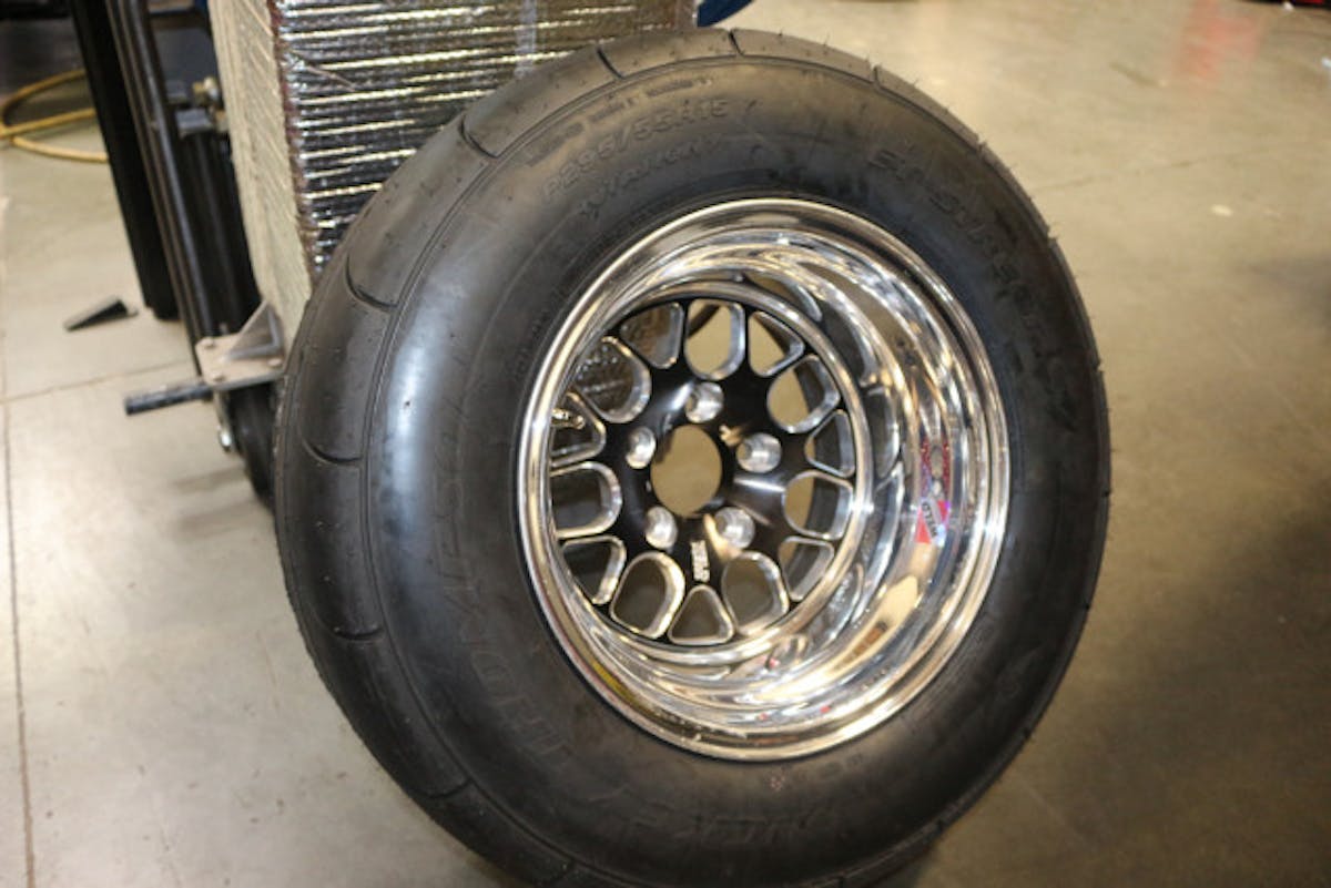Weld's RTS Forged wheel wrapped in Mickey Thompson ET Street Radial tires, ready to go on our Project True SStreet Camaro.