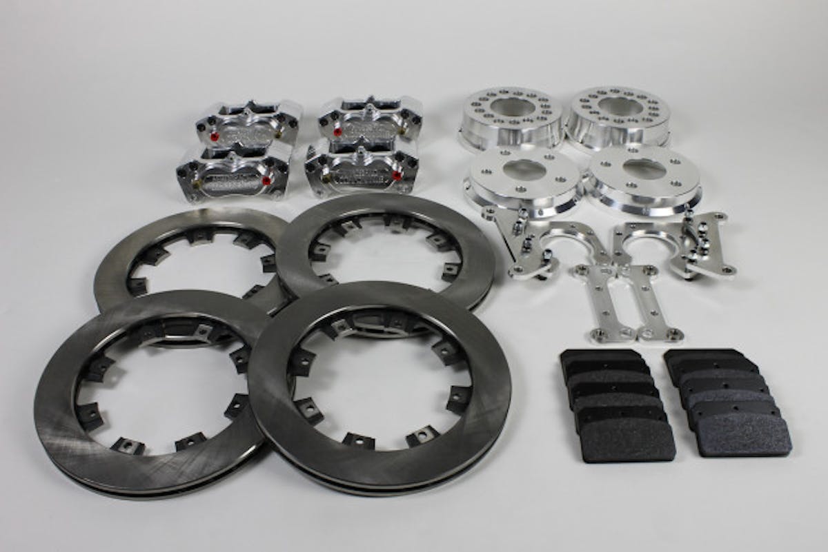 Our complete Aerospace Pro Street brake kit. Our setup features a front kit that's compatible with the stock 2010-14 Camaro spindle and hub. The rear, meanwhile, is a standard axle and housing flange setup.