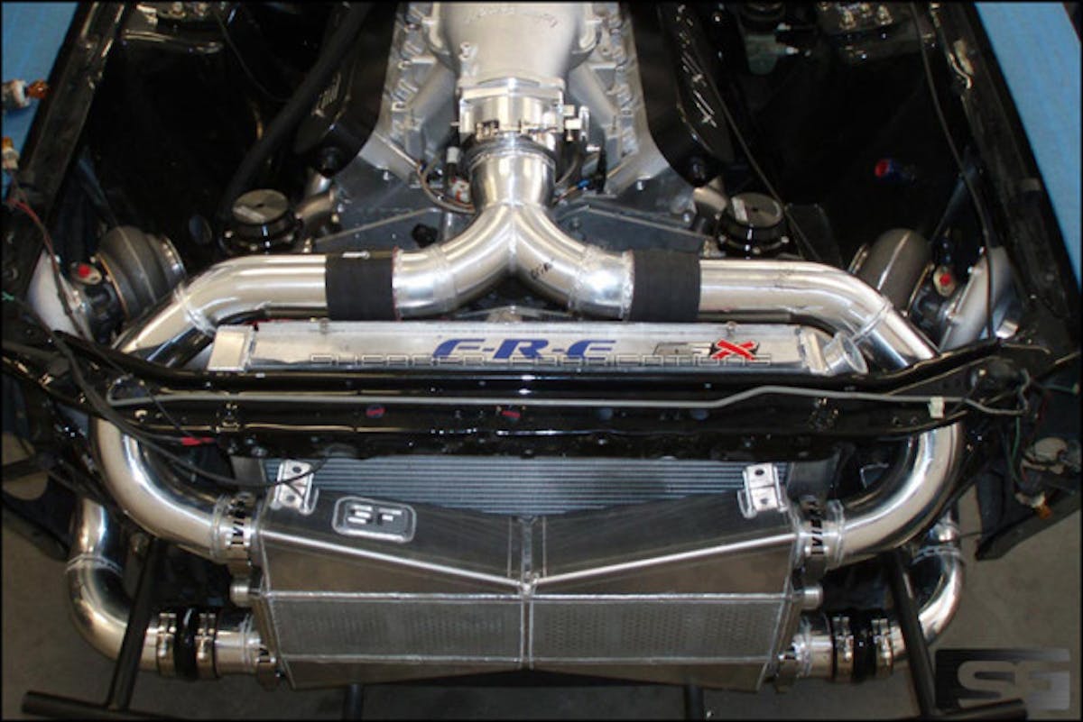 Clay Forrester's Drag Week LS behemoth features one of ERL Performance's six-bolt Superdeck blocks and a slick air-to-water intercooler design from Shearer Fabrications. Photo credit: Ron Shearer, Shearer Fabrications