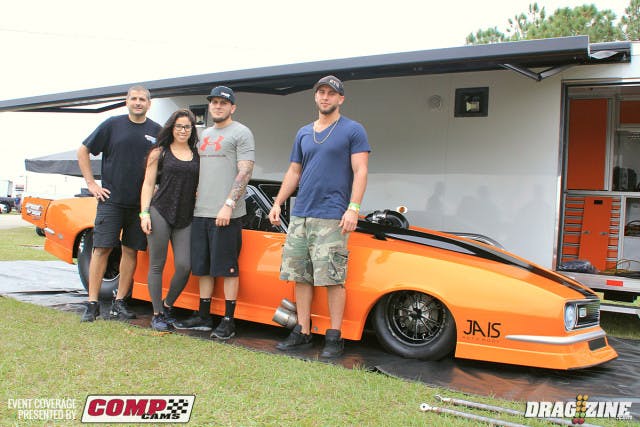 Mike Stavrinos debut the teams car here at the Outlaw drag Racing Championships in October after repairs from Coast Chassis Design and a combination swap to a 572 cubic inch twin turbo big Chevy from Progressive Racing Engines.  A leaking head gasket ended their weekend but the team is back here and ready to rock.  Boost comes from a pair of Garrett 94's with tuning from Carlo Zaldivar. This is their second outing with this set up returning from a crash and fire here last year. From left to right, Dino Stavrinos, Cami, Mike Stavrinos and Paul.