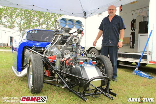 Scott Brasket has his new car out for the second time this year. He tested at Norwalk in October and has made a converter change since then. This car was built in house by Brasket and features a big Chevy topped with a Littlefield blower and backed by a Quickdrive and Lenco three speed trans. He plans to test the car with the Chevy engine before switching to a Hemi which is still being built.