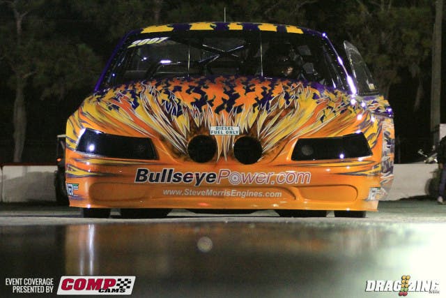 Wild Bill Devine from Bullseye Turbo is here with his manual trans equipped Twin Turbo Mustang. He hasn't quite made a full pass that we saw but is looking good to near half track so far.