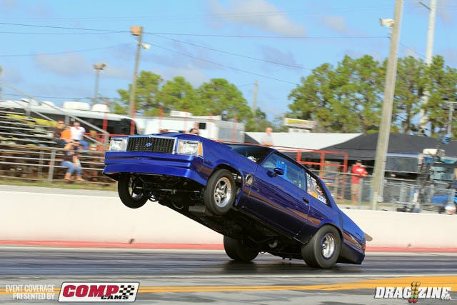 Ben Wolverton is running TRZ Motorsports Pro Drag Radial this weekend in his Punta Gorda. Florida based 78 Malibu.  He got a little carried away in round one qualifying standing it up on the run. It set down pretty easy considering and suffered no damage.