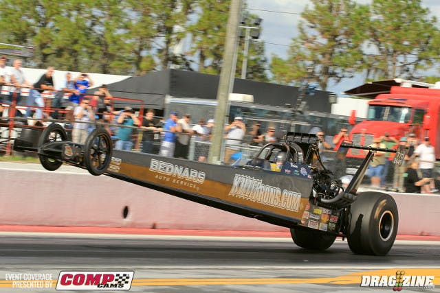Brian Bednar wowed the crowd and likely himself on this wheel stand which isn't very common with dragsters.
