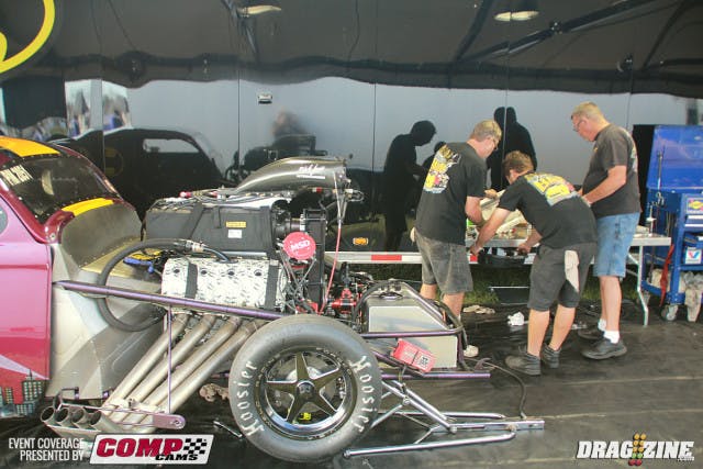 Jerico Balduf and crew are wrapping up routine maintenance this morning preparing for round one of Performance 2Way Communications Outlaw Pro Mod. The family based team has ran the car about three years now and have been creeping up on the tune, they are the fastest blown car in qualifying this weekend sitting third with the Jan Cen powered Gotham themed Willy's. 