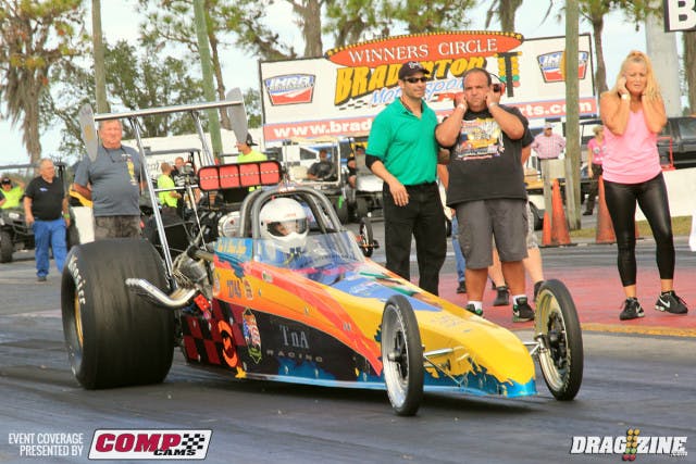 Ron Logan met up with Craig Andrews running a 4.13 at 176 and will move on to round two with his 96 Mullis dragster. 